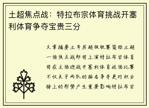 土超焦点战：特拉布宗体育挑战开塞利体育争夺宝贵三分